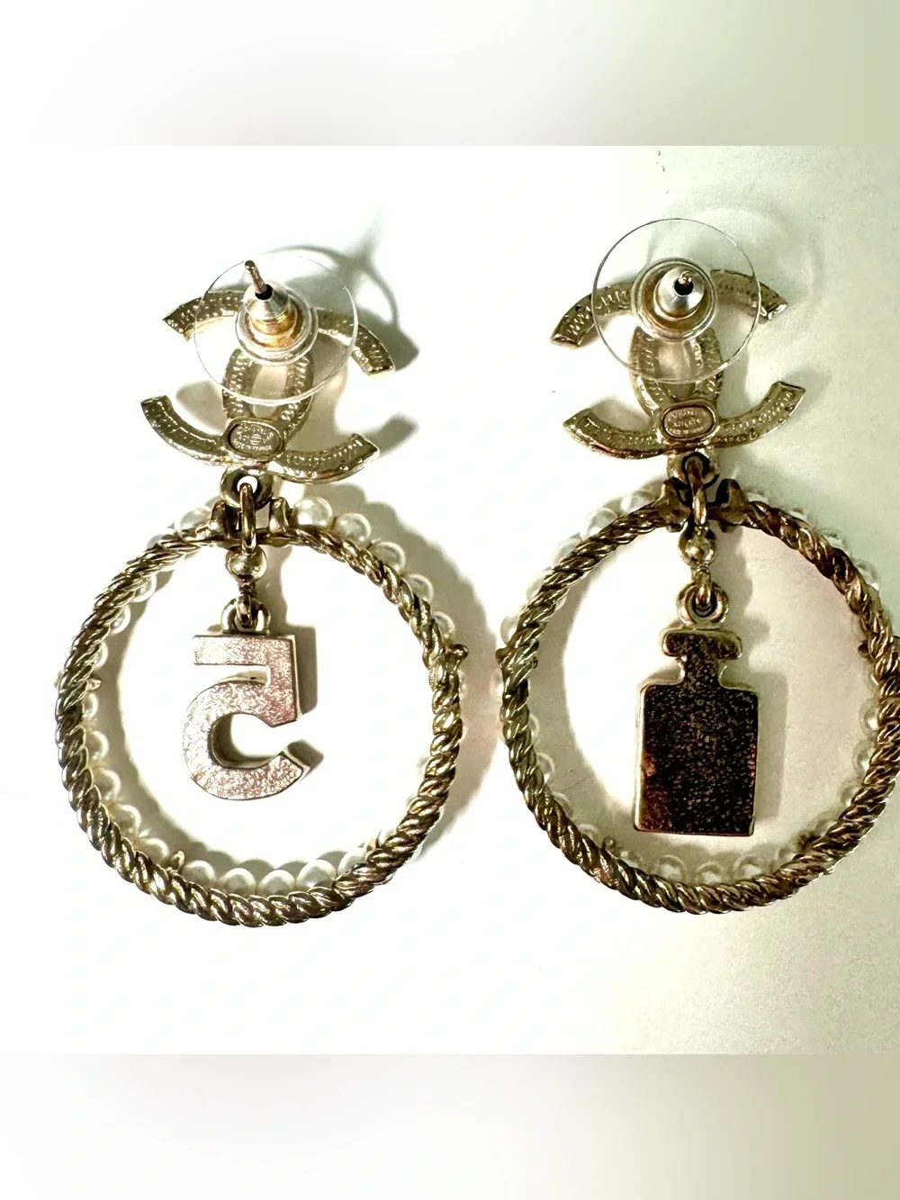 Chanel Crystal Pearl Chanel Charms CC Logo Drop Earrings in Gold W Box